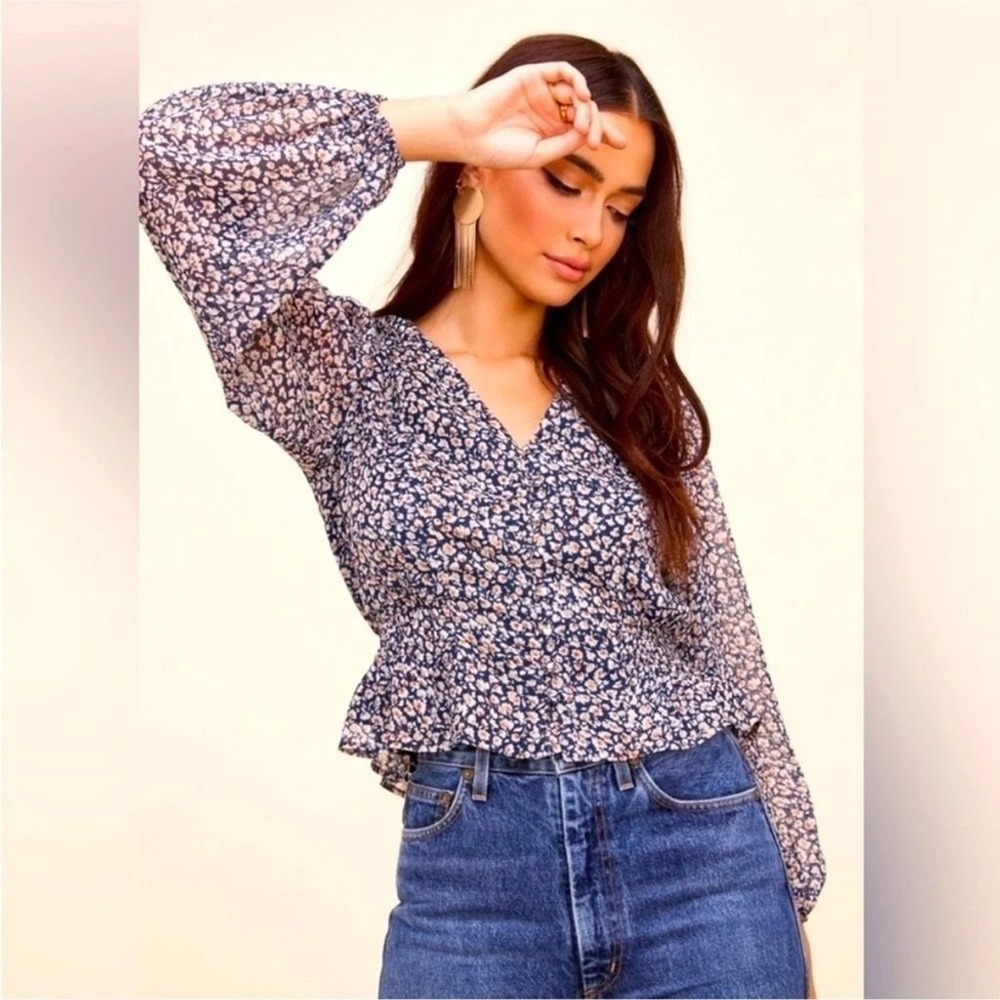 ASTR XL Top Women's Smocked Ditsy Floral Cottagecore Peplum Puffed Sleeves Shirt